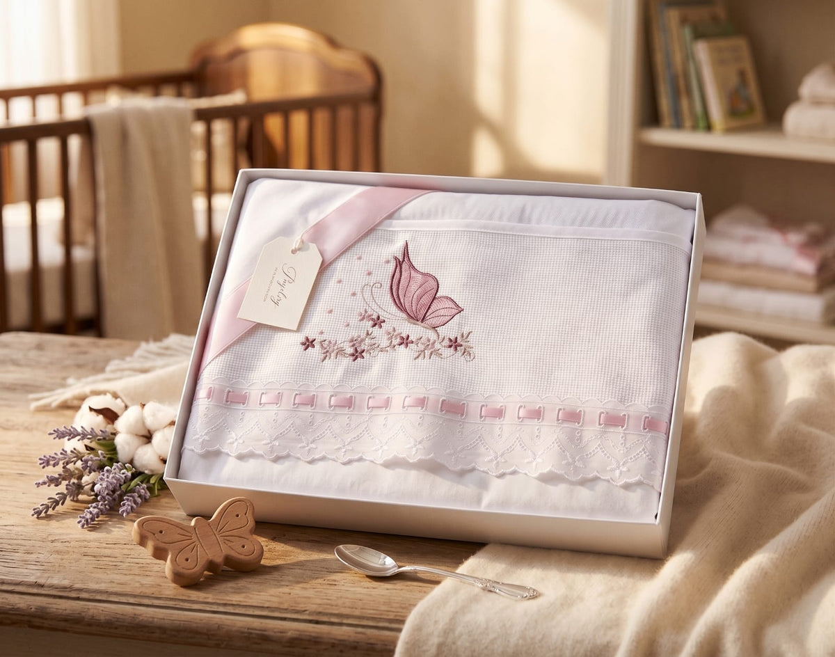 Little Bird - Lenzuolino Farfalla Pizzo San Gallo Nastro Rosa Personalizzabile con Nome - Cotone 100% - Carrozzina o Culla Neonato - Regalo Nascita