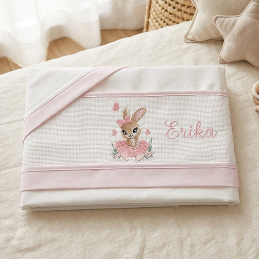 Little Bird - Drap Housse Lapin Personnalisable avec Prénom - 100% Coton - Landau Bébé - Cadeau Naissance