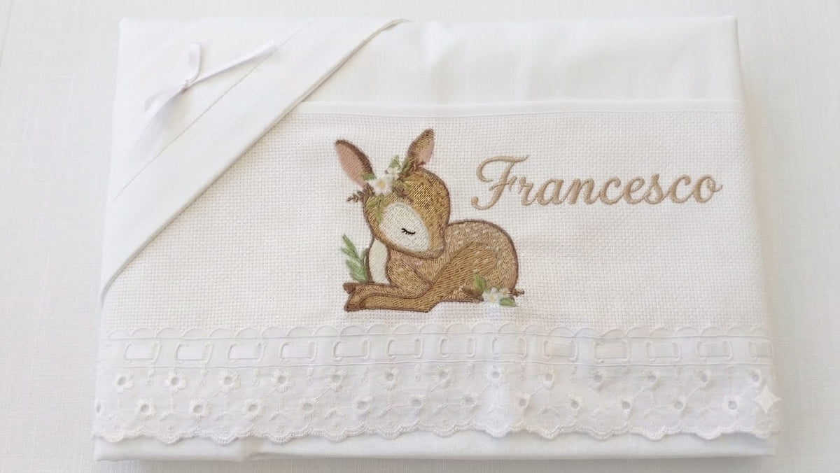 Little Bird - Drap-housse Bambi Personnalisable avec Prénom - 100% Coton - Landau Bébé - Cadeau de Naissance