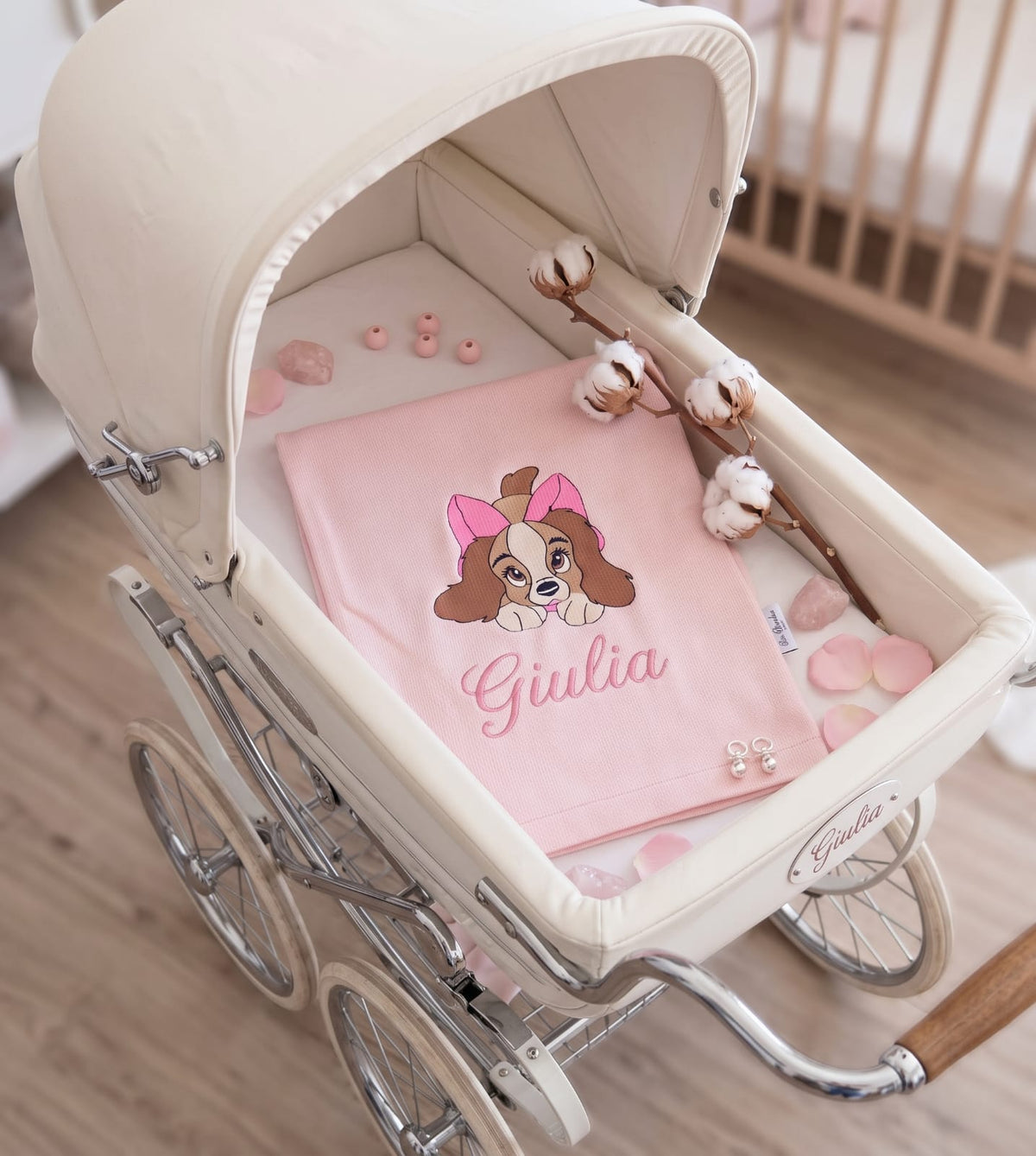 Little Bird - Couverture en fil Lapine Personnalisée avec Prénom - Coton Naturel - Berceau Landau Écharpe - Cadeau de Naissance
