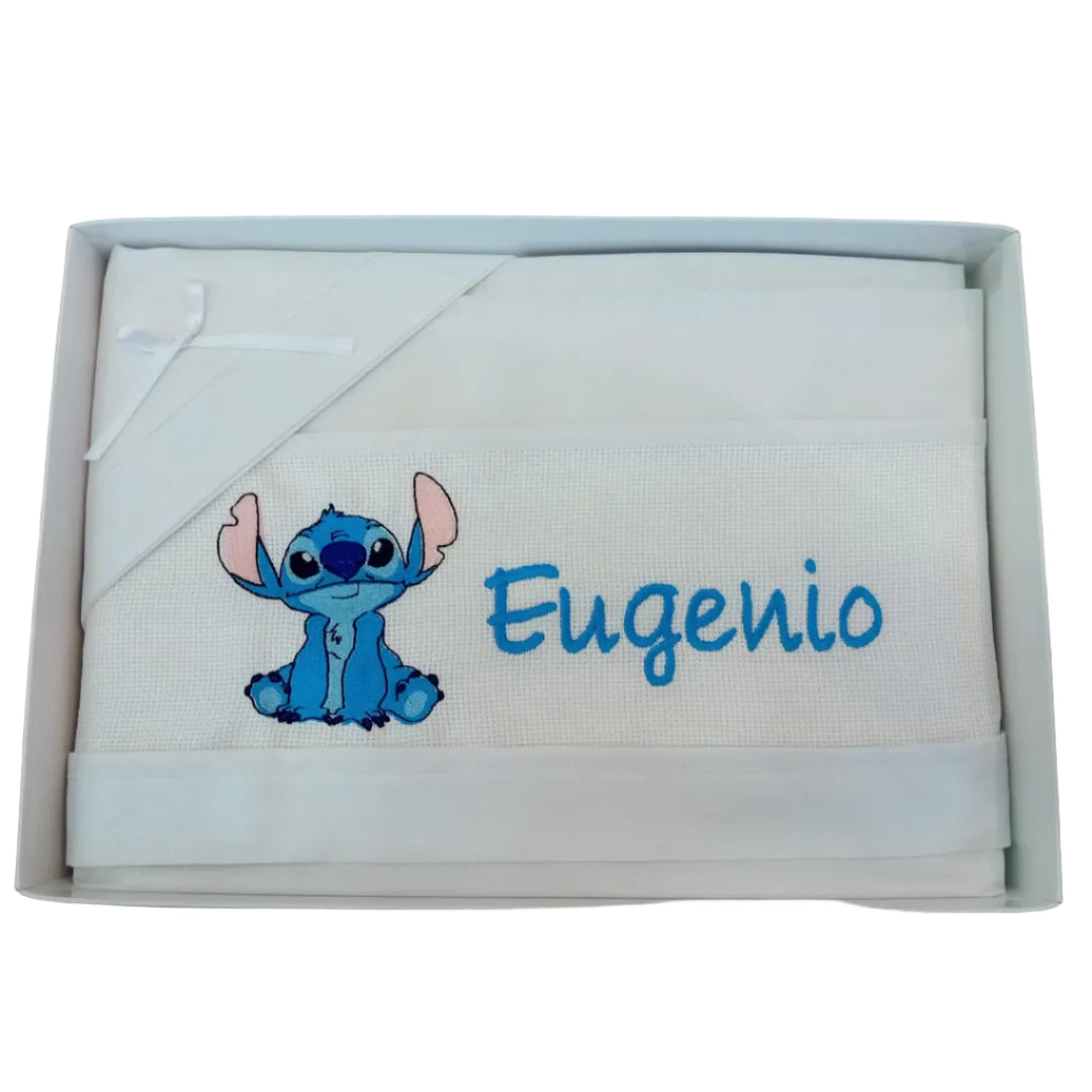 Little Bird - Lenzuolino Stitch Personalizzabile con Nome - Cotone 100% - Bordo Bianco - Carrozzina e Culla