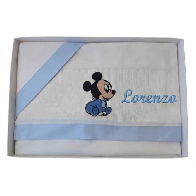 Little Bird - Drap housse bébé Mickey Personnalisable avec Prénom - 100% Coton - Landau Nouveau-né - Cadeau Naissance