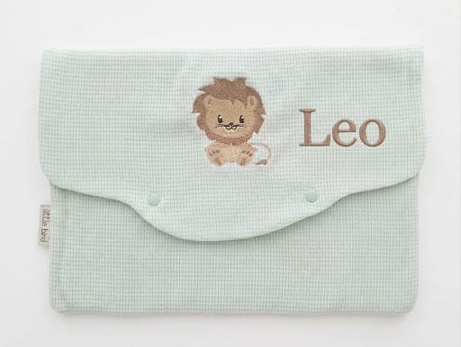 Little Bird - Busta Cambio Neonato e Nido Personalizzabile Ricamata Leoncino - Cotone Verde - Organizer Borsa Parto - Regalo Nascita