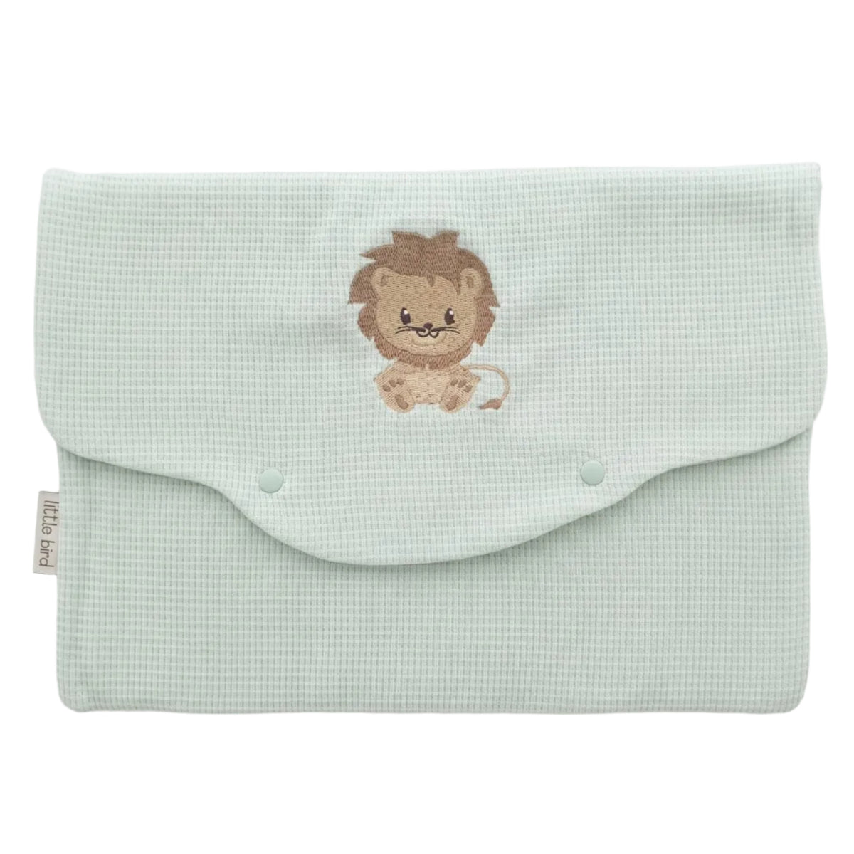 Little Bird - Busta Cambio Neonato e Nido Personalizzabile Ricamata Leoncino - Cotone Verde - Organizer Borsa Parto - Regalo Nascita