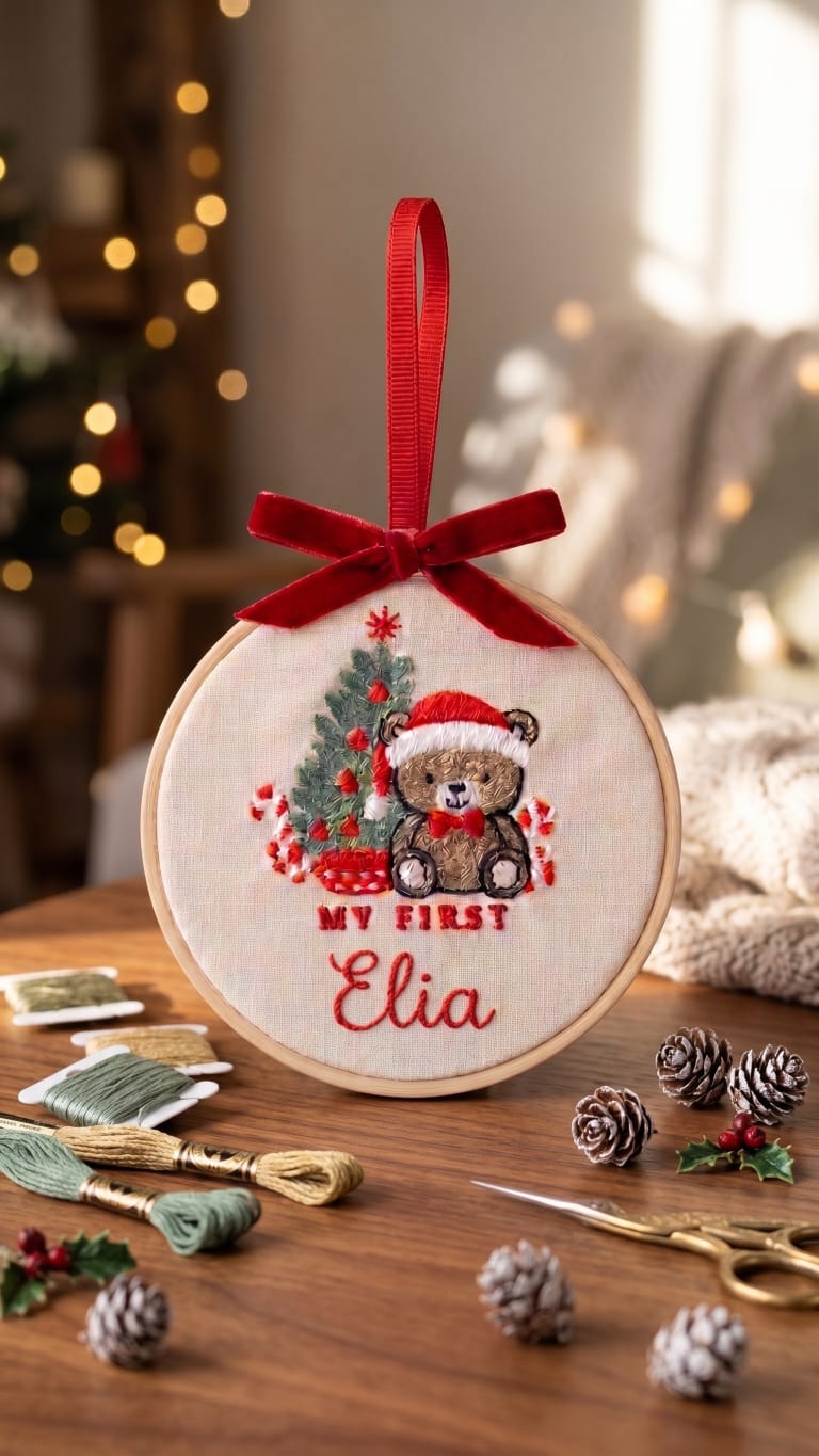 Telaio Ricamato Orsetto My First Christmas - Personalizzabile - Regalo Natale - Little Bird