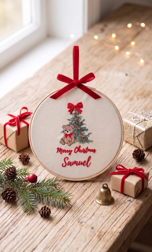Telaio Ricamato Orsetto Merry Christmas - Personalizzabile - Regalo Natale - Little Bird
