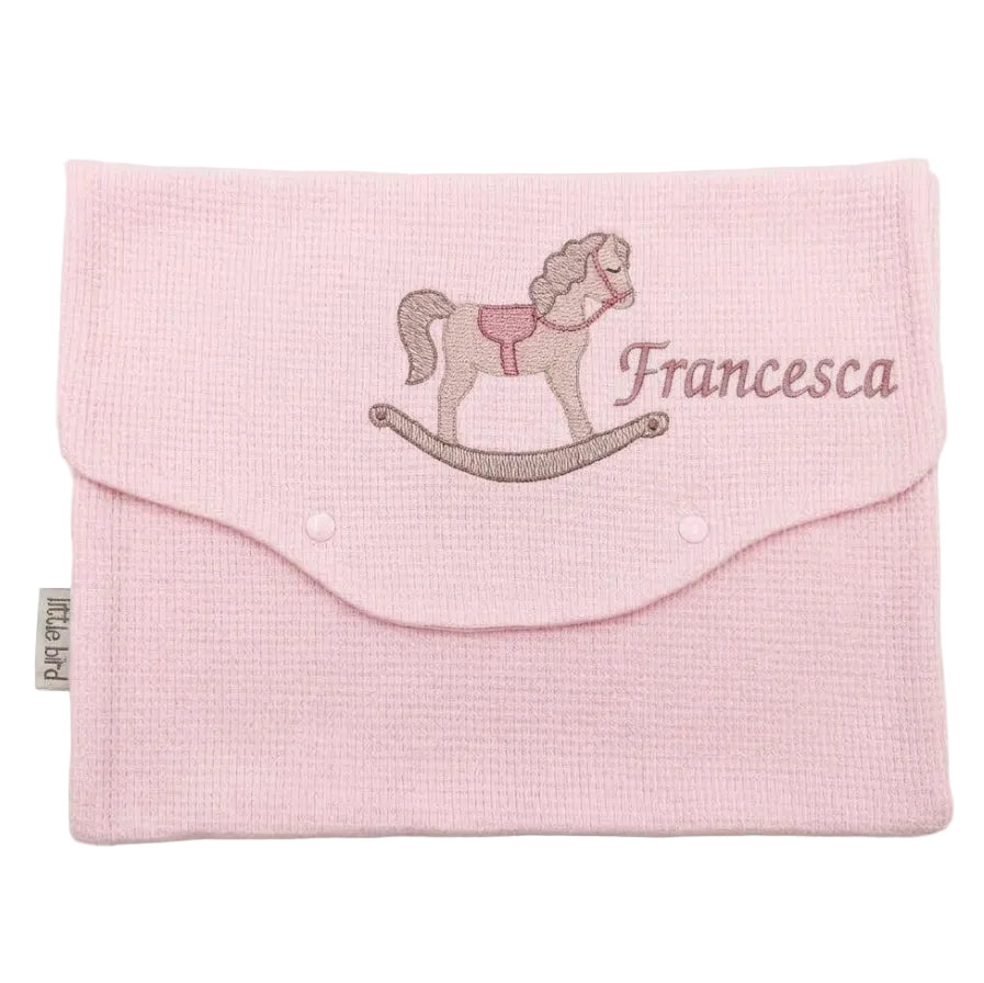 Little Bird - Busta Cambio Neonato e Nido Personalizzabile Ricamata Cavalluccio a Dondolo Rosa - Cotone Rosa - Organizer Borsa Parto - Regalo Nascita