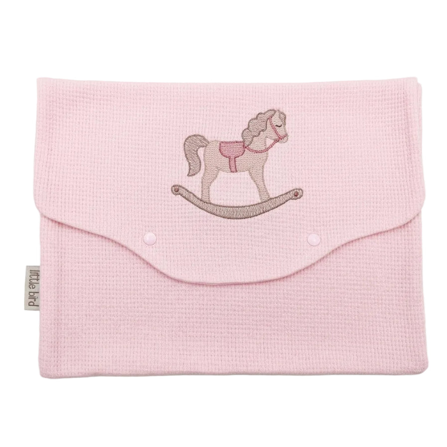 Little Bird - Busta Cambio Neonato e Nido Personalizzabile Ricamata Cavalluccio a Dondolo Rosa - Cotone Rosa - Organizer Borsa Parto - Regalo Nascita