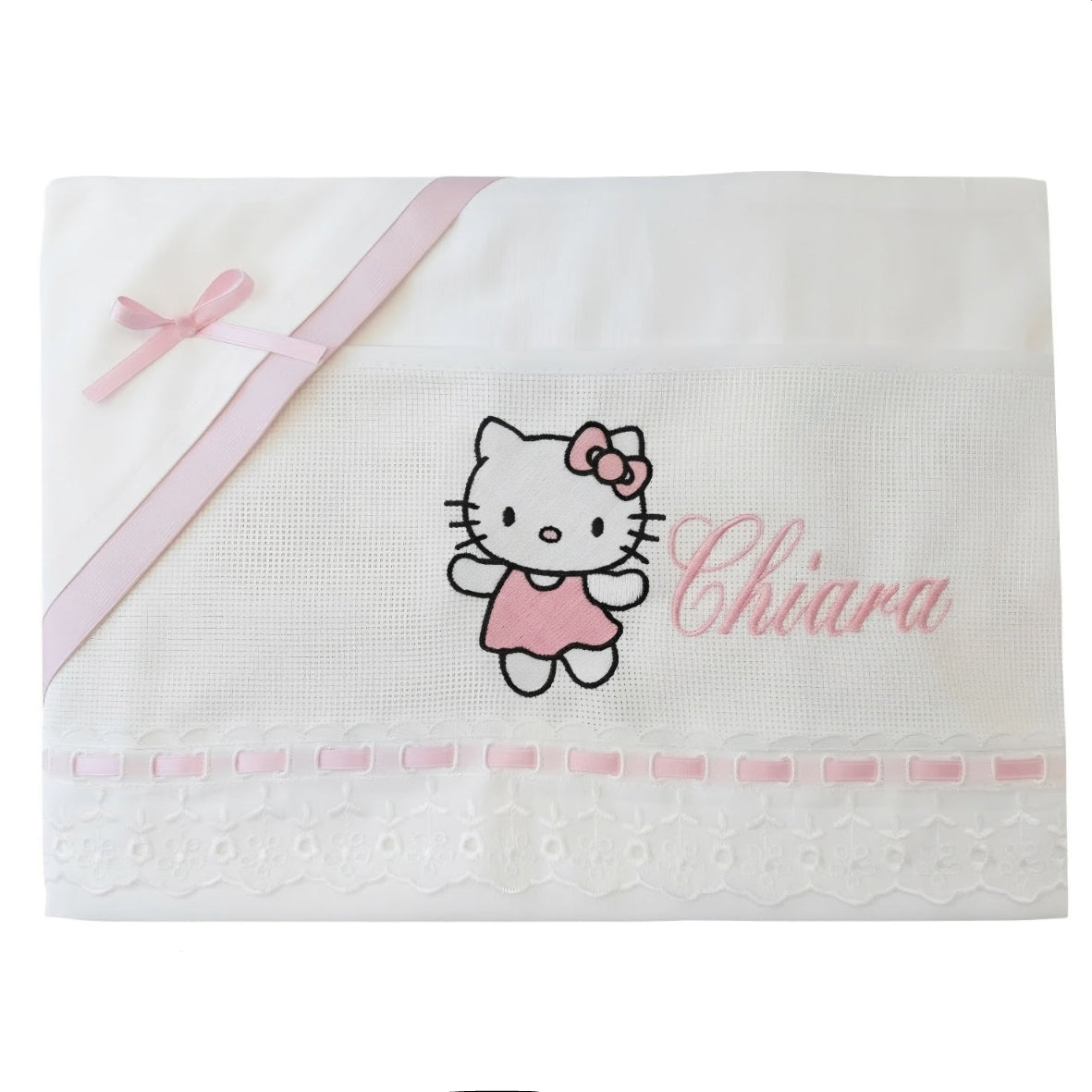 Little Bird - Lenzuolino Hello Kitty Personalizzabile con Nome - Cotone 100% - Carrozzina o Culla Neonato - Regalo Nascita