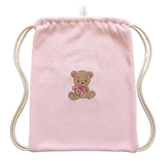 Little Bird - Sacca Rosa Cambio Neonato e Nido con Orsetto e Fiocco Rosa - Personalizzabile - 100% Cotone