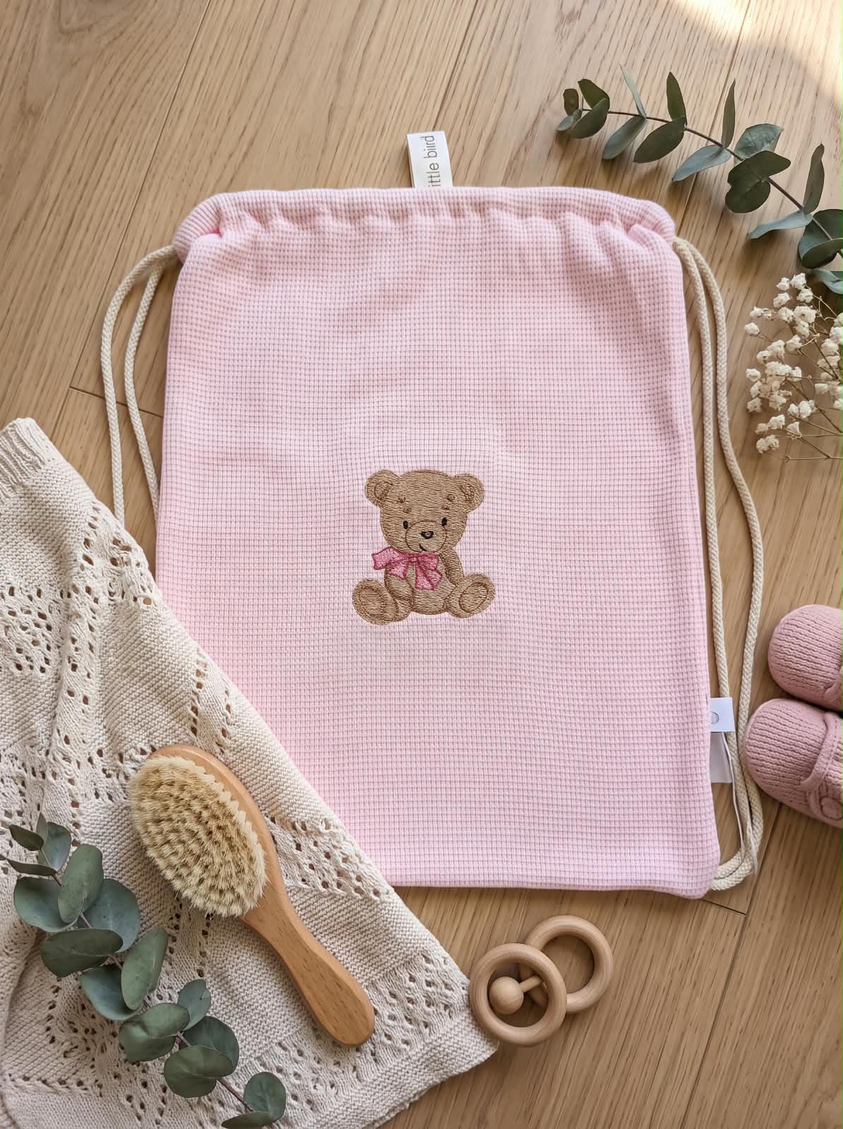 Little Bird - Pochette Rangement Bébé en Coton Vieux Rose - 100% Coton - Personnalisable - Organisateur Sac à Langer