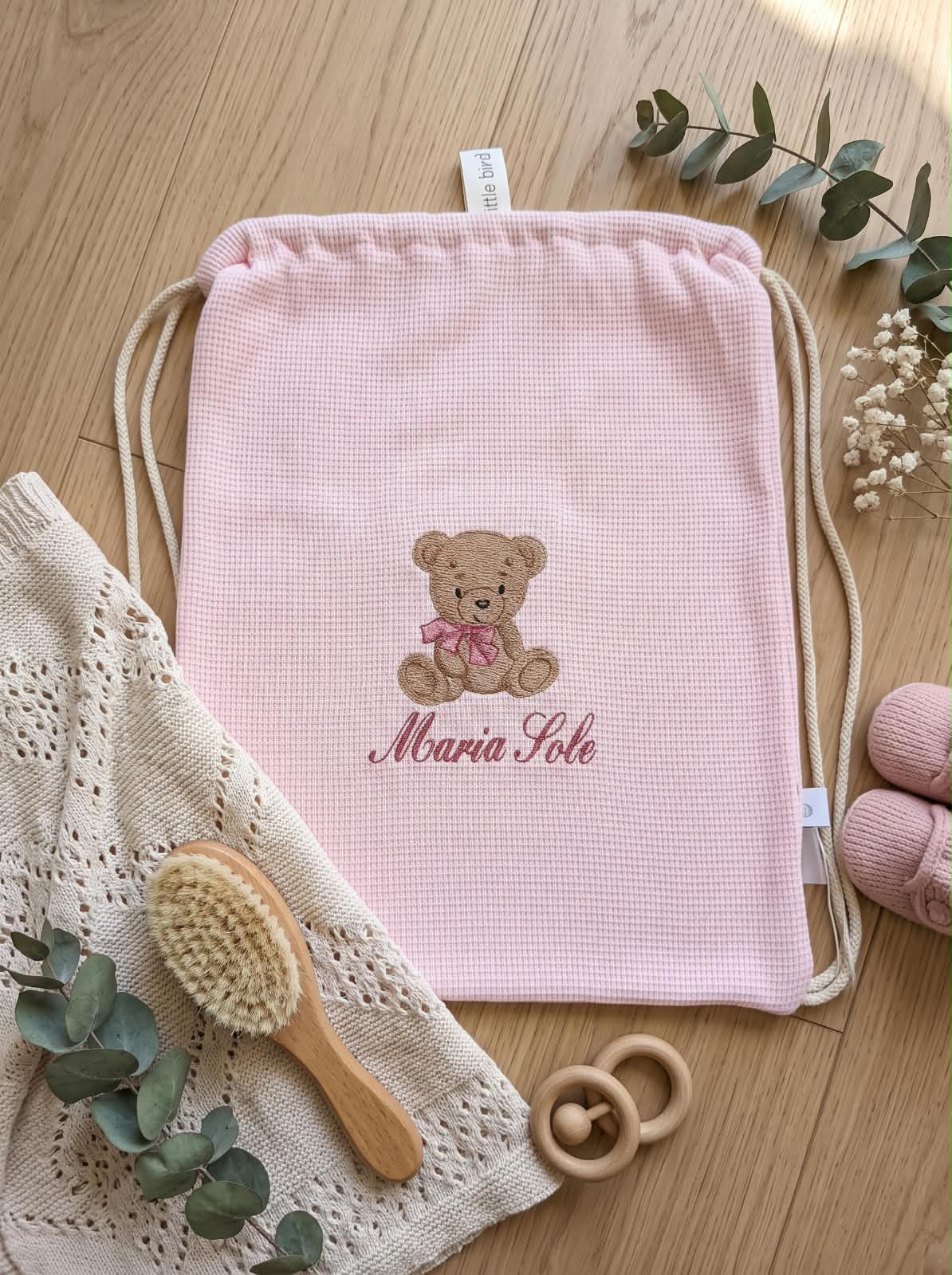 Little Bird - Pochette Rangement Bébé en Coton Vieux Rose - 100% Coton - Personnalisable - Organisateur Sac à Langer