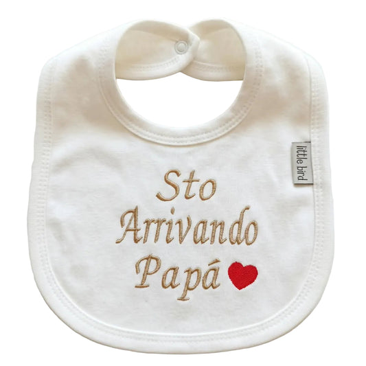 Little Bird - Bavetta Bianca “Sto Arrivando Papà” Ricamata - 100% Cotone - Annuncio Gravidanza