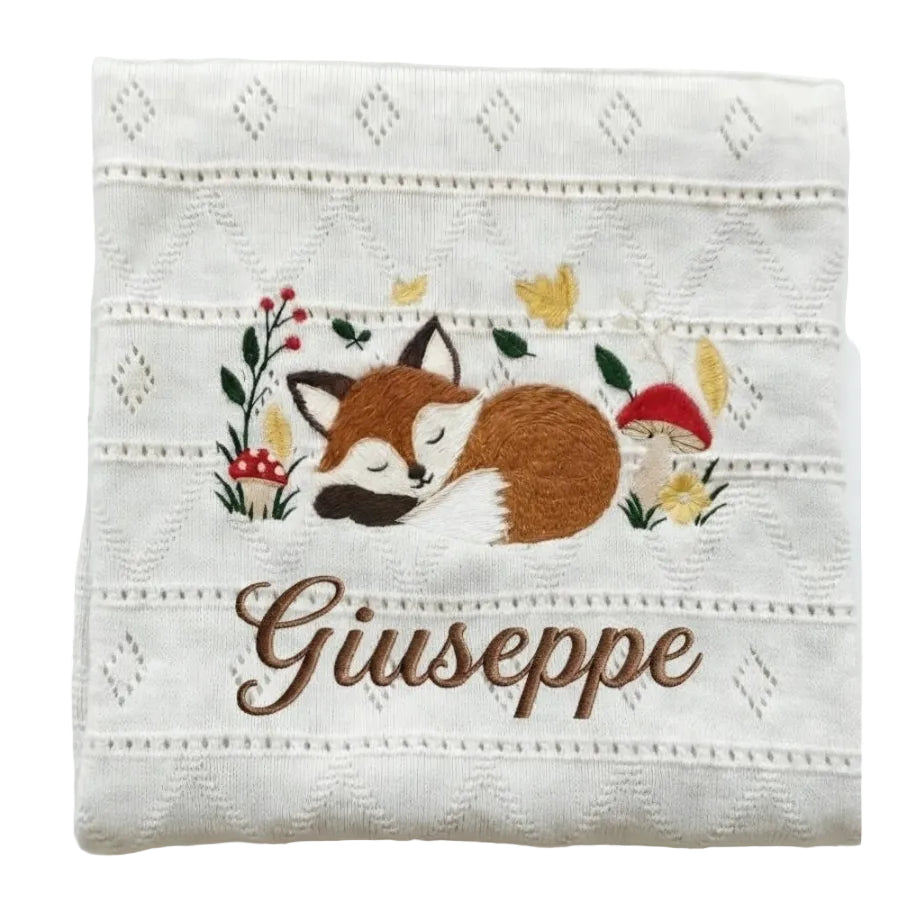 Little Bird - Copertina Neonato Volpe Ricamata - Personalizzabile con Nome - Regalo Nascita