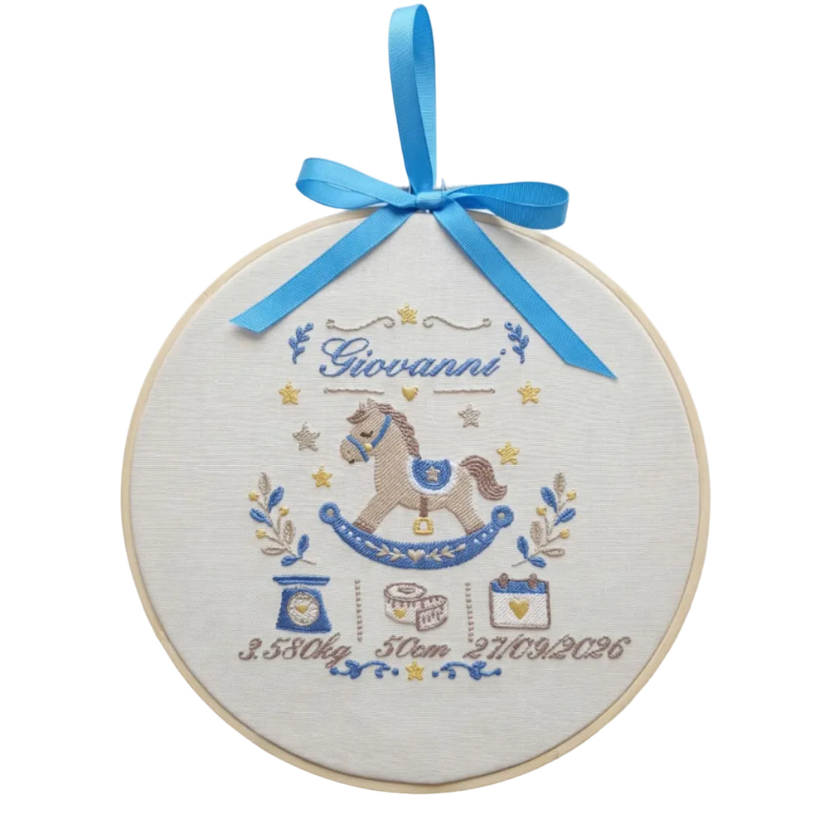 Little Bird - Telaio Nascita Ricamato Cavallino a Dondolo - Personalizzabile con Nome e Dati Nascita - 21 cm