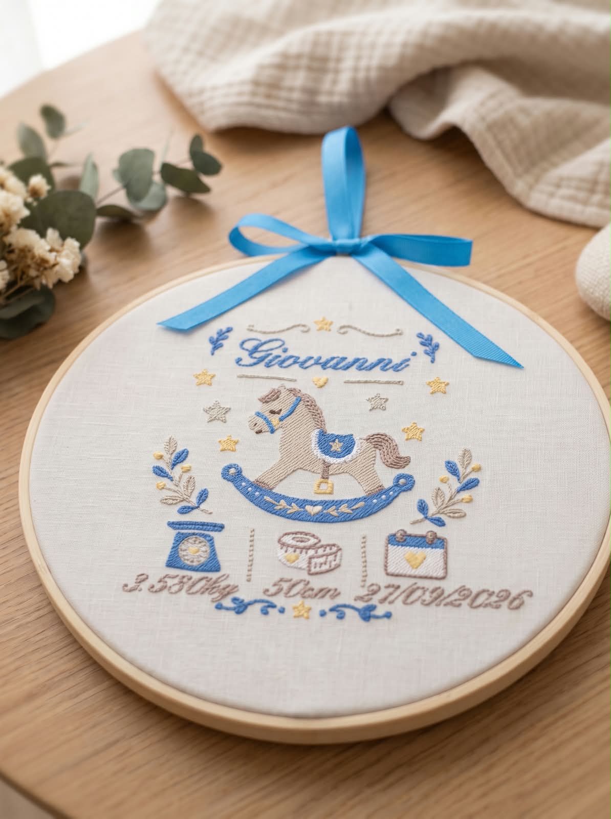 Little Bird - Telaio Nascita Ricamato Cavallino a Dondolo - Personalizzabile con Nome e Dati Nascita - 21 cm