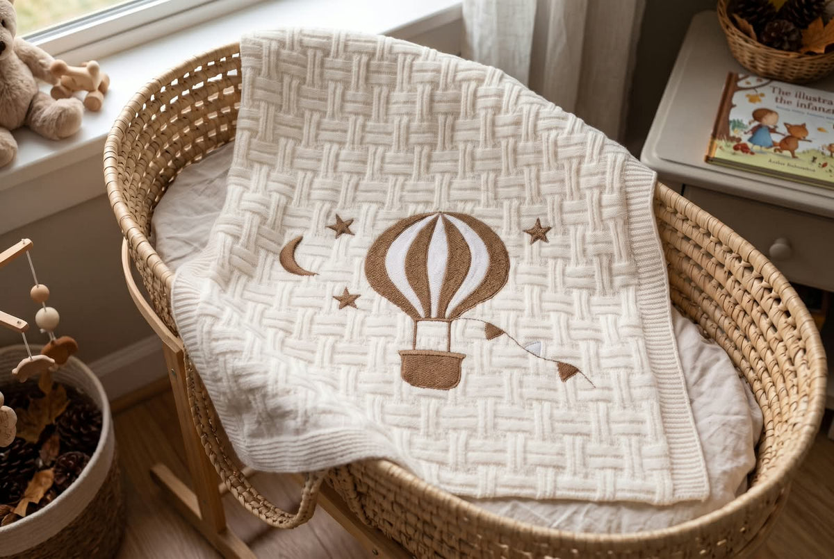 Little Bird - Couverture en fil Montgolfière Verte Personnalisée avec Nom - Coton Naturel - Berceau Landau Écharpe - Cadeau de Naissance