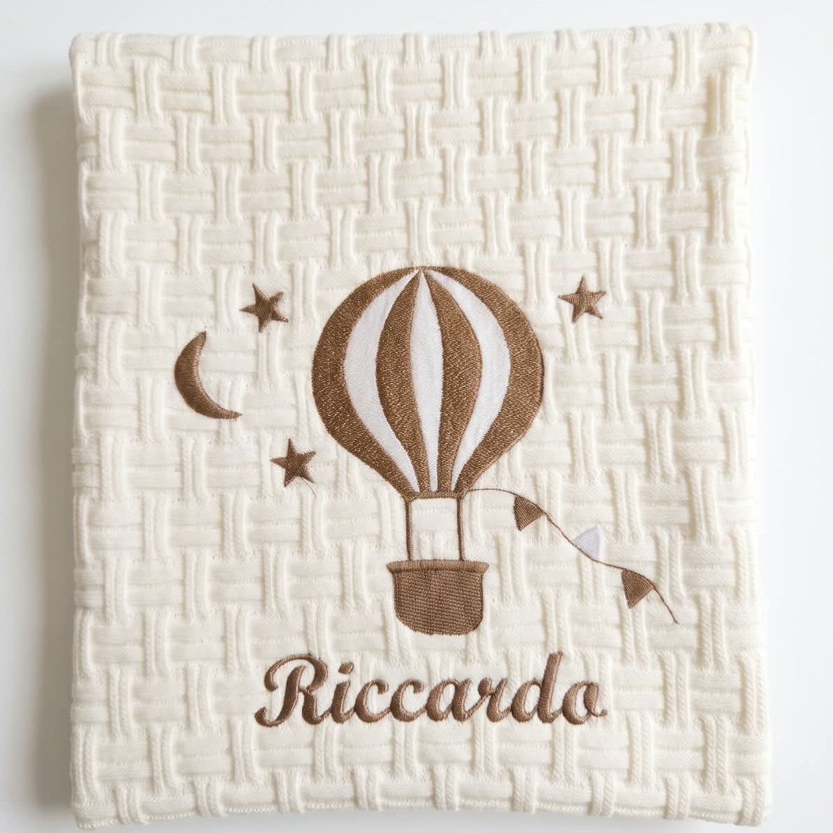 Little Bird - Couverture en fil Montgolfière Verte Personnalisée avec Nom - Coton Naturel - Berceau Landau Écharpe - Cadeau de Naissance