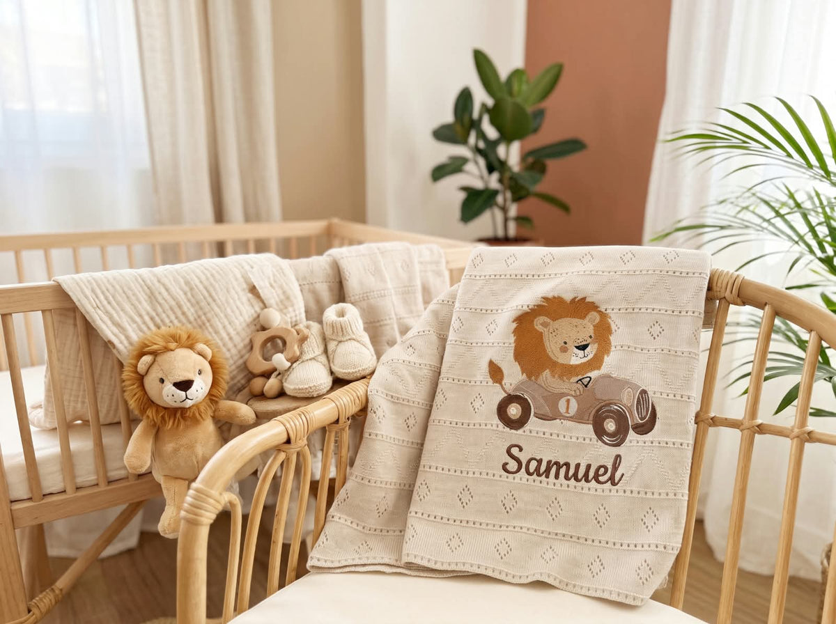 Little Bird - Couverture bébé brodée Papa Roi Lion et Simba - Personnalisable avec prénom - Cadeau de naissance