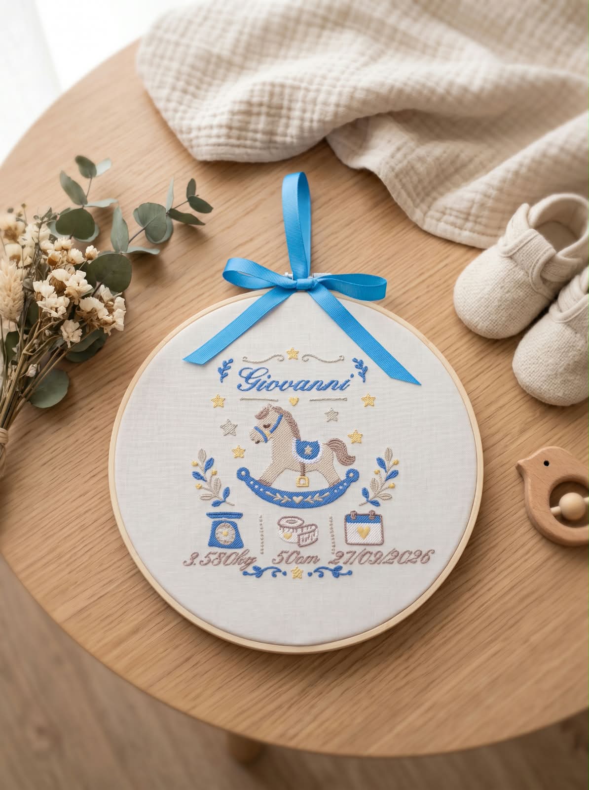 Little Bird - Telaio Nascita Ricamato Cavallino a Dondolo - Personalizzabile con Nome e Dati Nascita - 21 cm