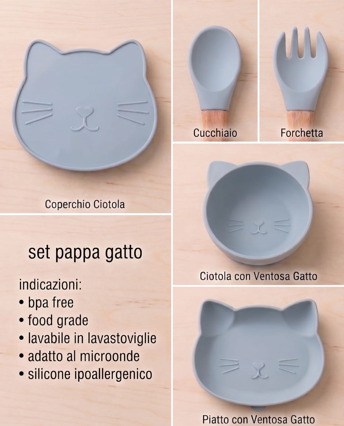 Set pappa gatto dusty blu - dettaglio componenti sfondo bianco