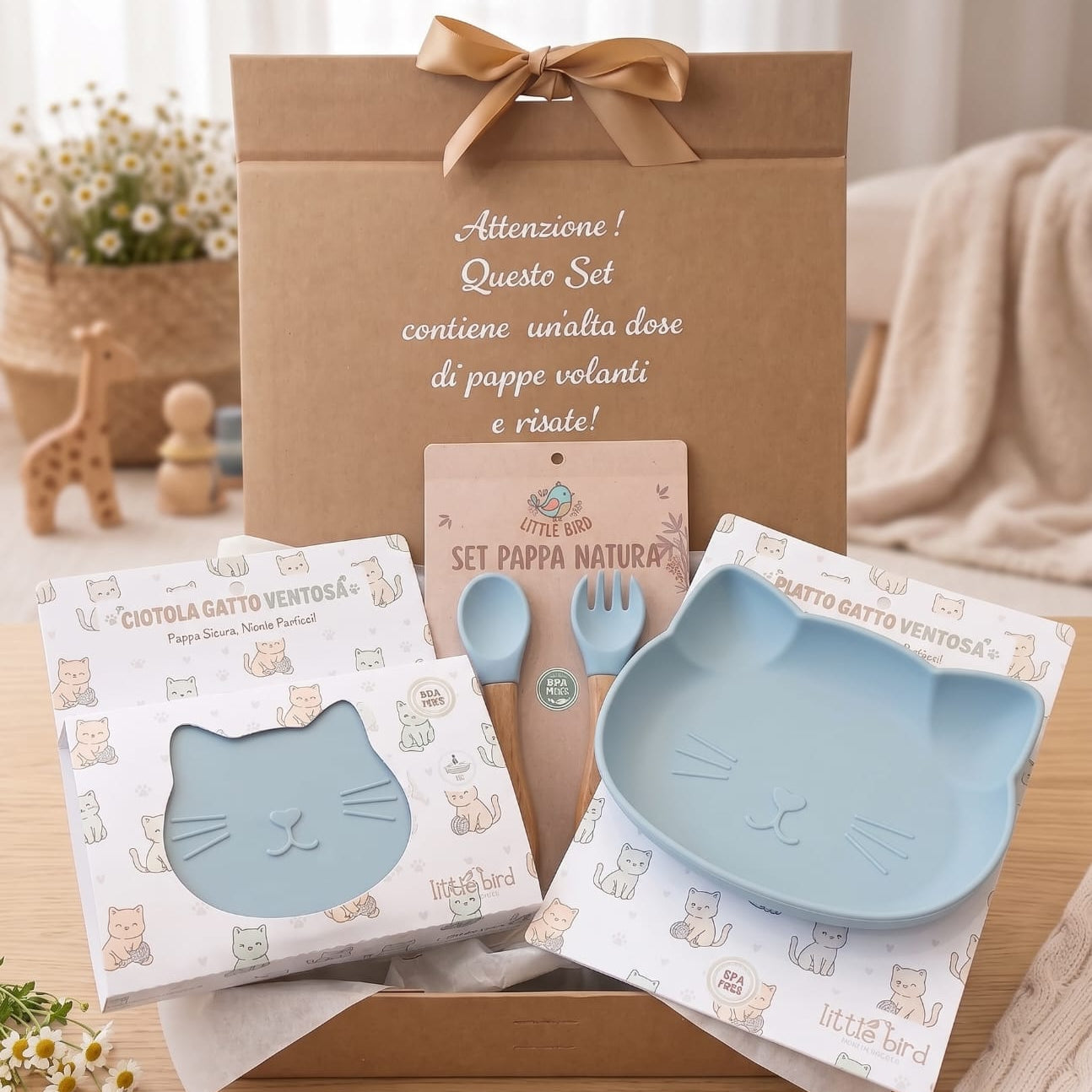 Set pappa gatto dusty blu - box regalo aperta