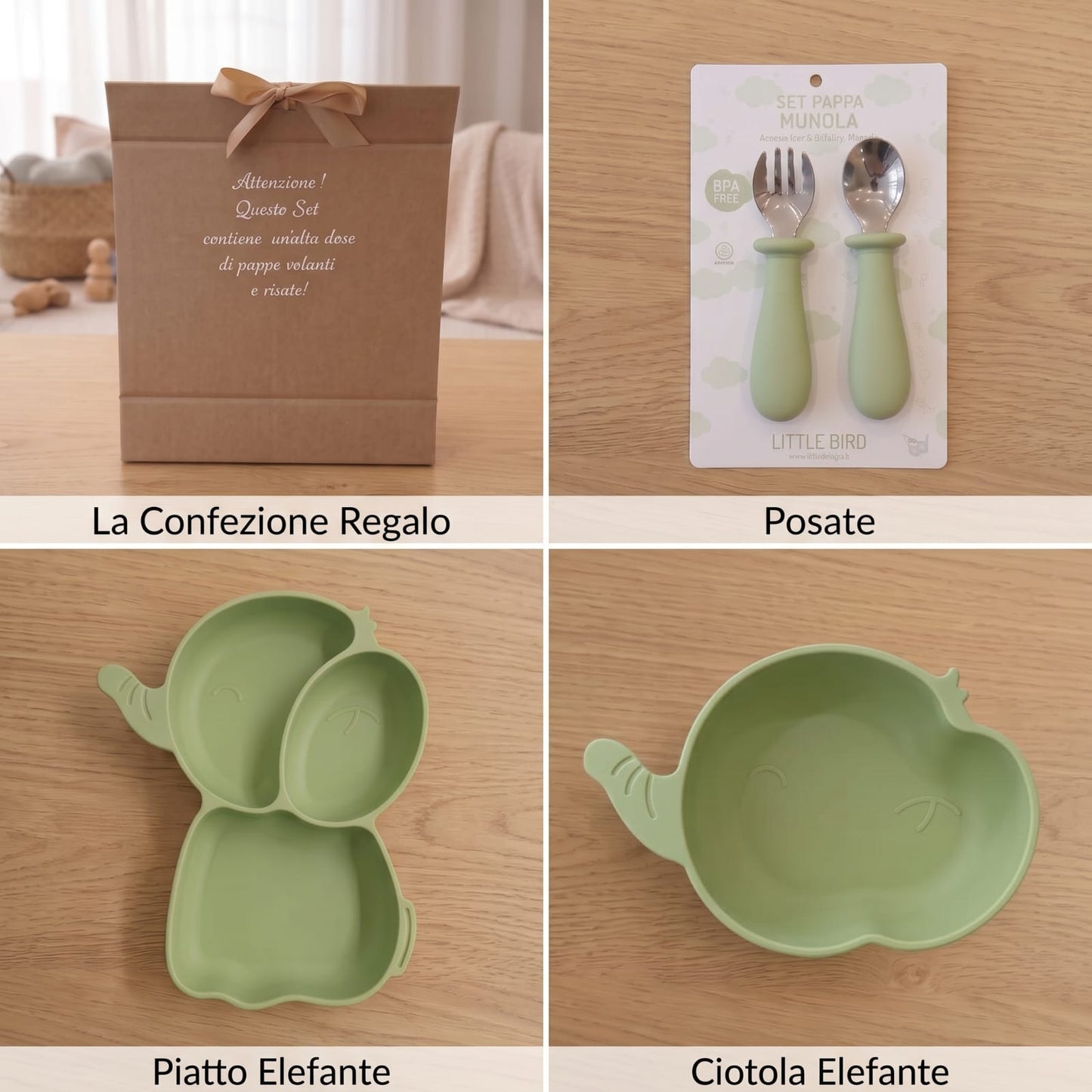 Set pappa elefante verde - confezione regalo e contenuto