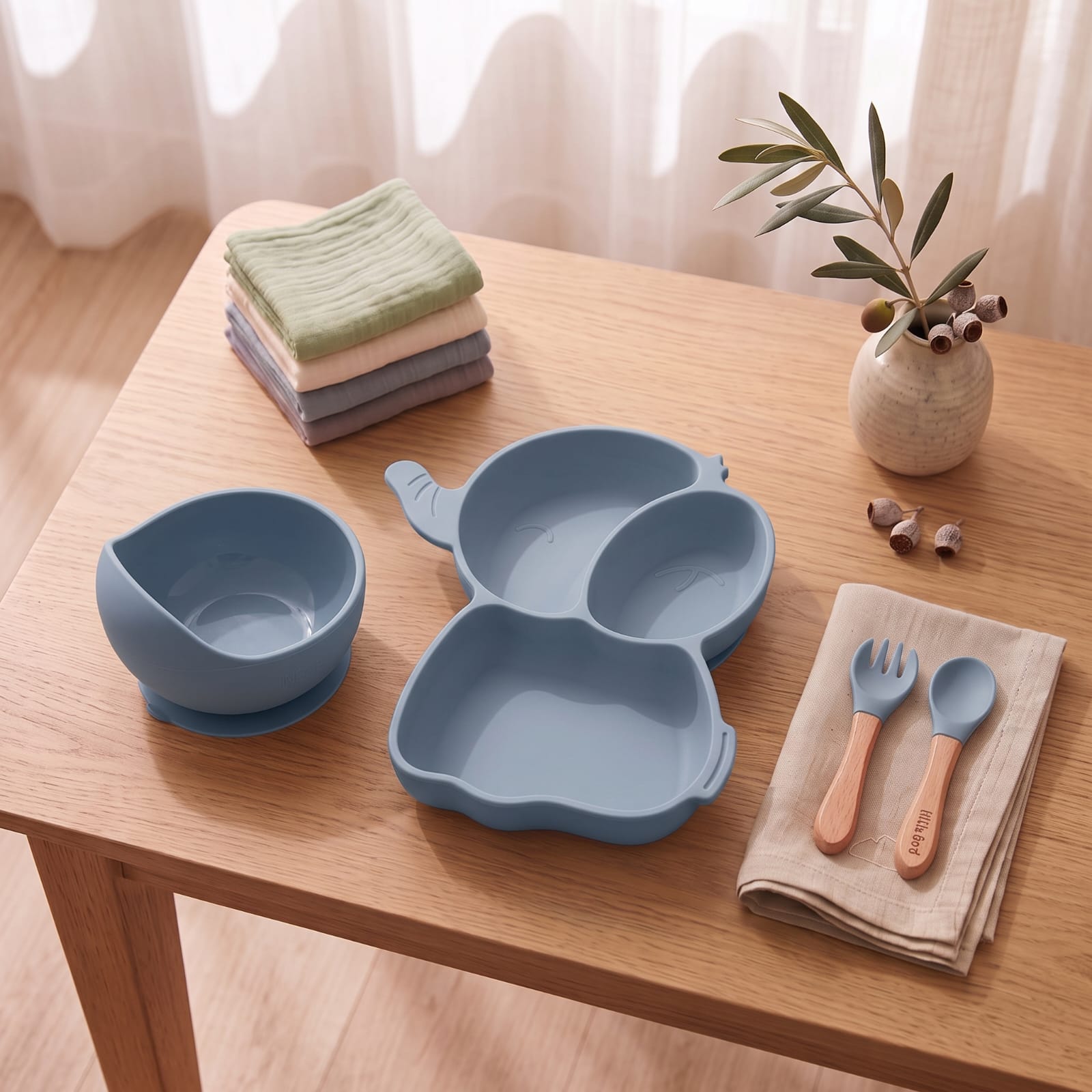 Set pappa elefante dusty blu - lifestyle tavolo