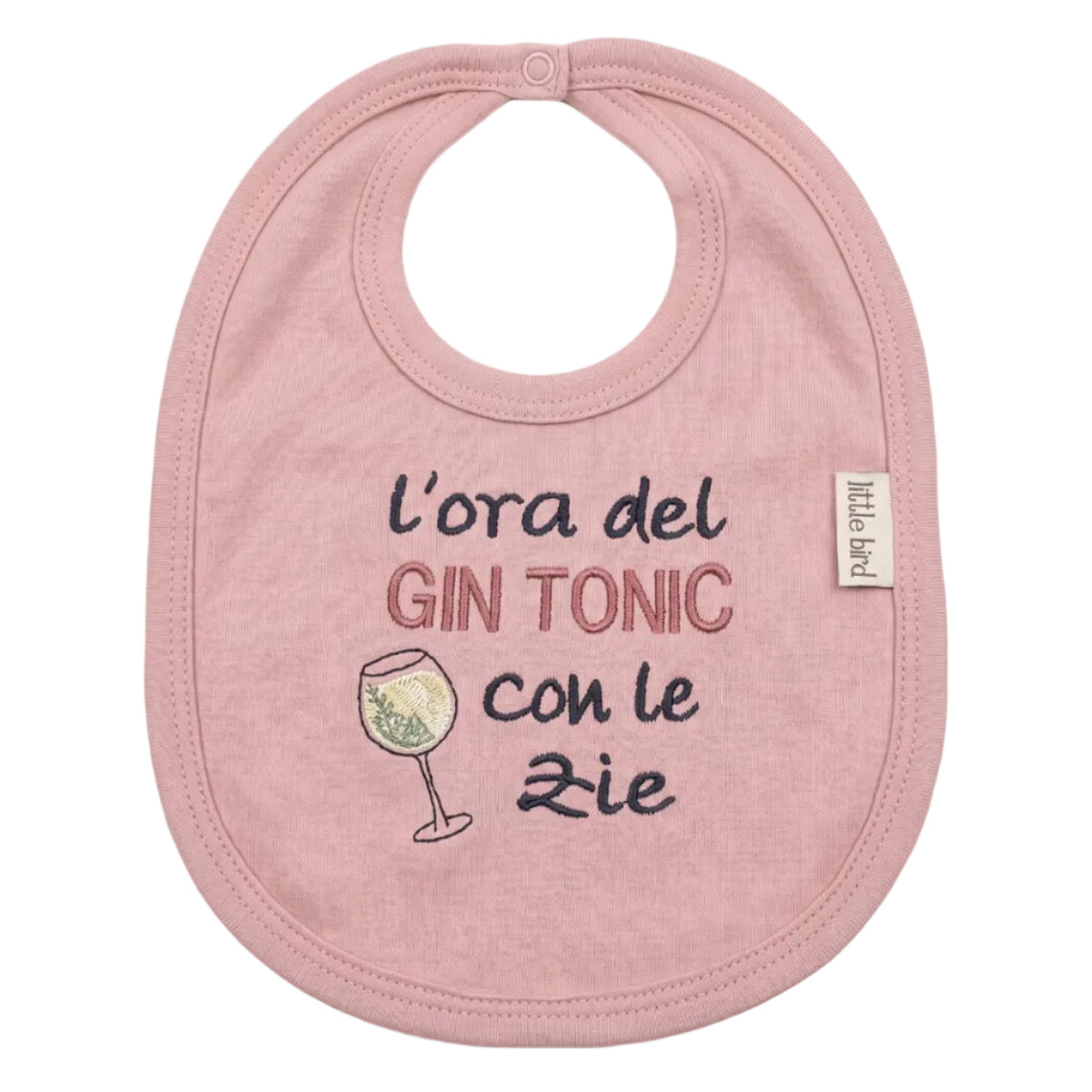 Bavetta rosa con ricamo L’ora del Gin Tonic con le Zie su sfondo bianco