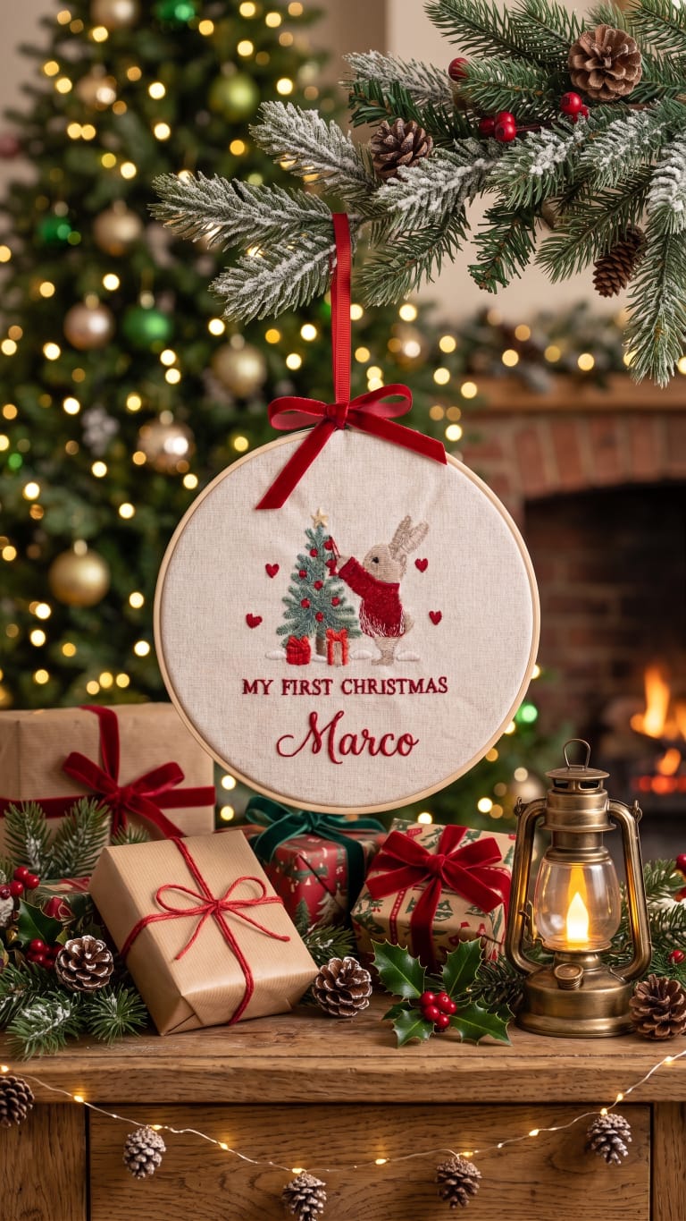 Telaio Ricamato Coniglio My First Christmas - Personalizzabile - Regalo Natale - Little Bird