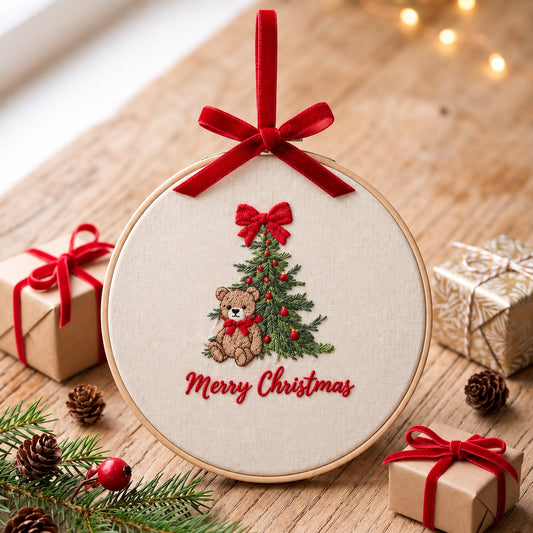 Telaio Ricamato Orsetto Merry Christmas - Personalizzabile - Regalo Natale - Little Bird