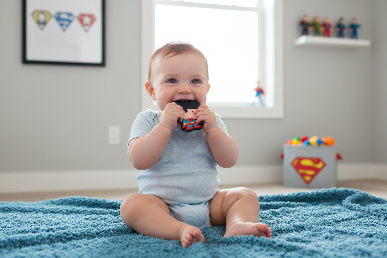 Baby playing with Superman