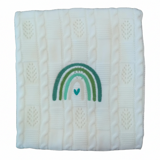 Little Bird - Copertina in Filo Arcobaleno Verde Personalizzata con Nome - Cotone Naturale - Culla Carrozzina Scialletto - Regalo Nascita