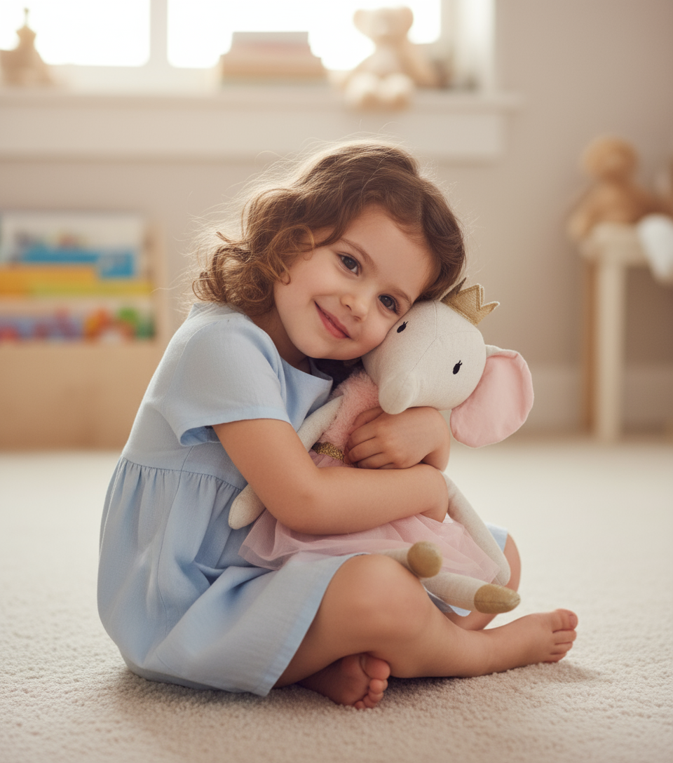 Bambina con peluche elefantina principessa
