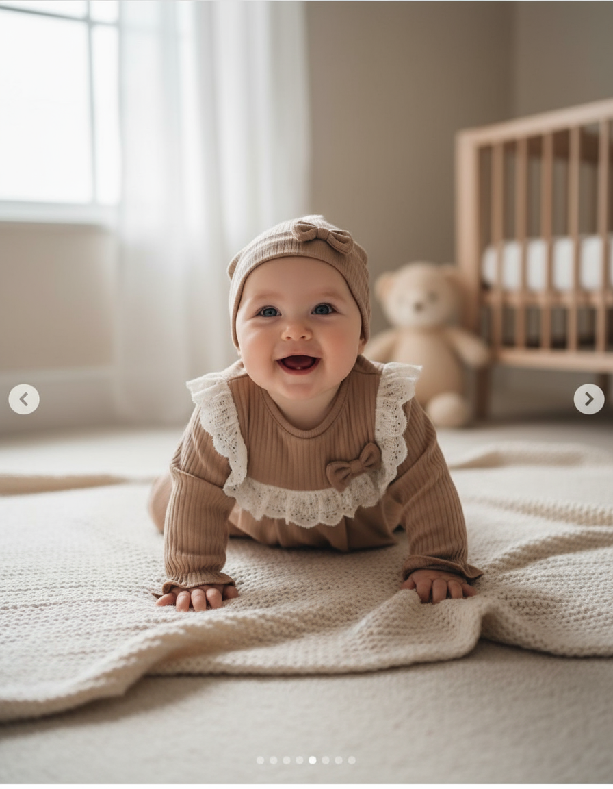Bambina con set cammello - gattonando