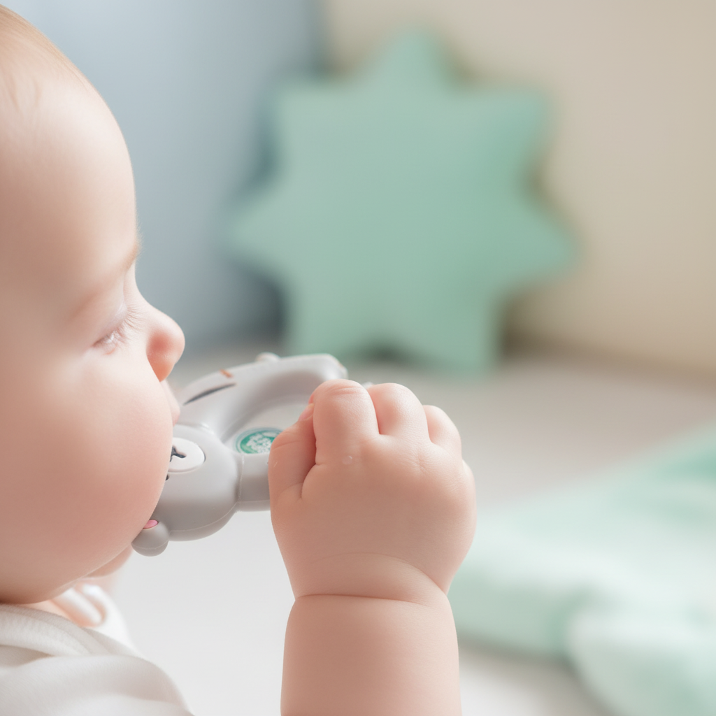Bambino con massaggiagengive orsetto