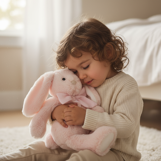 Bambino con peluche coniglietto rosa