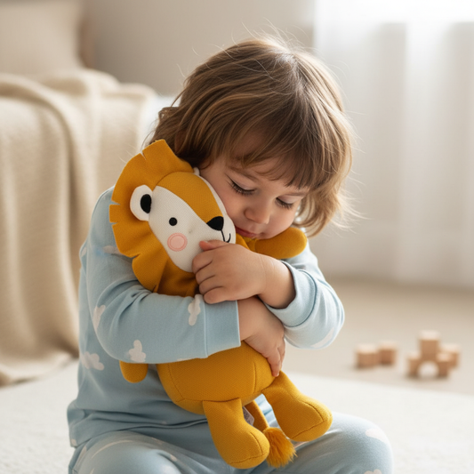 Bambino con peluche leone giallo