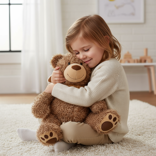 Bambino con peluche orsetto marrone