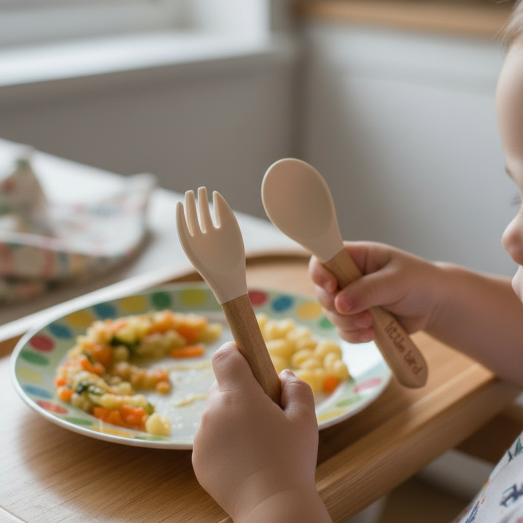 Bambino con posate beige chiaro