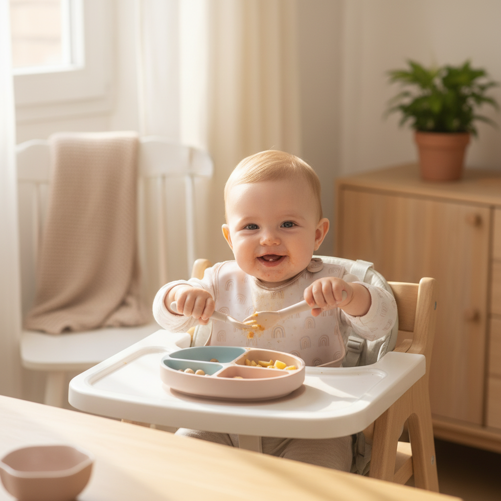 Bambino con posate beige