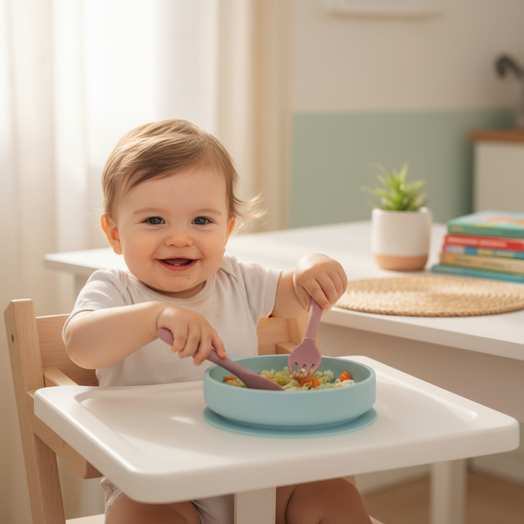 Bambino con posate dark pink