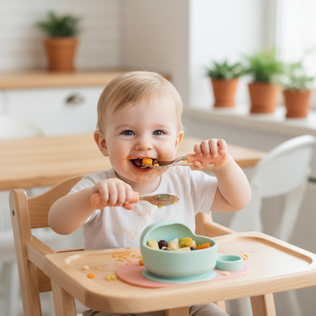 Bambino con posate elefantino
