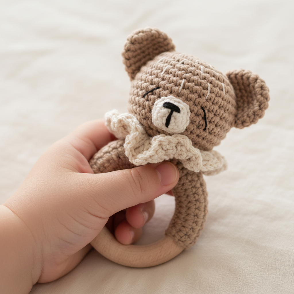 Bambino con sonaglino orsetto