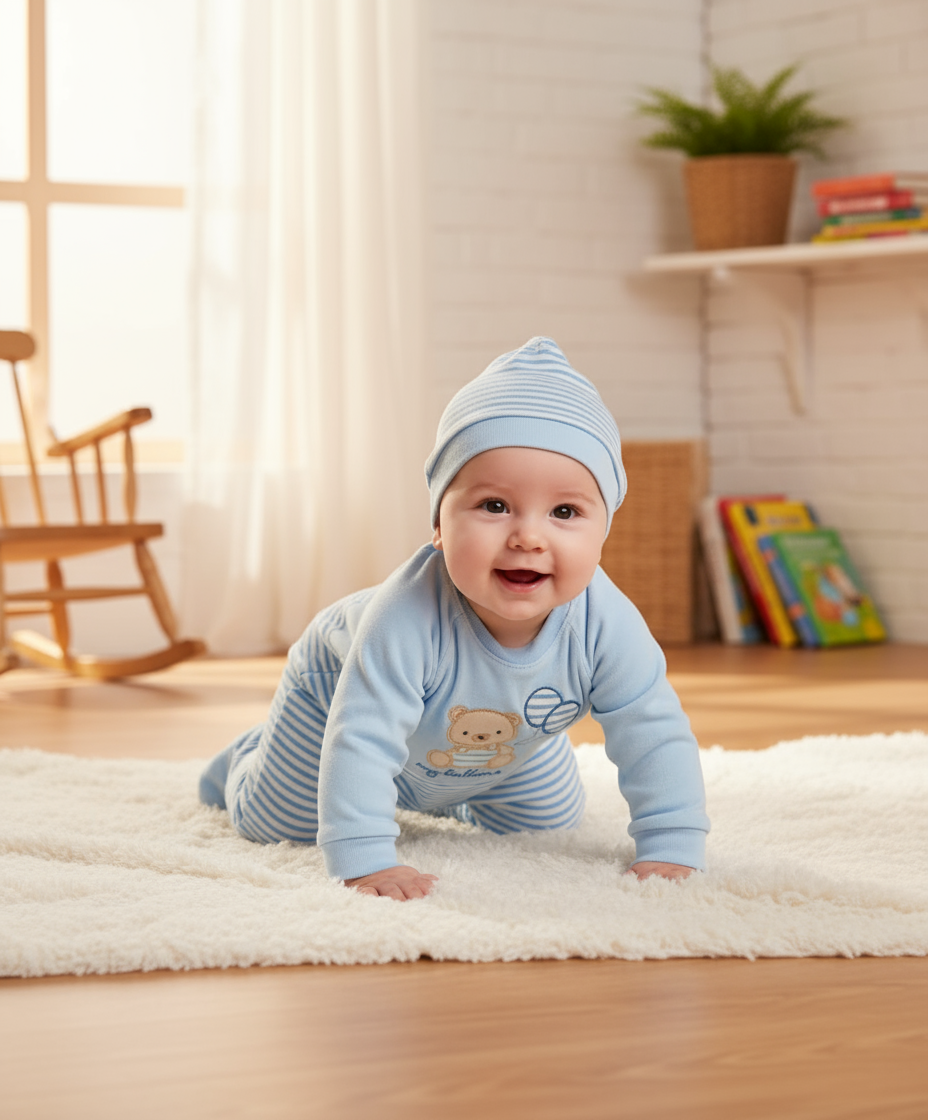 Bambino con tutina e cappellino a righe - gattonando