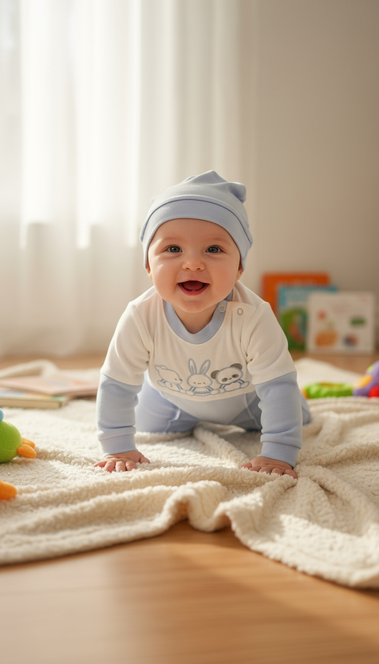 Bambino con tutina e cappellino - gattonando