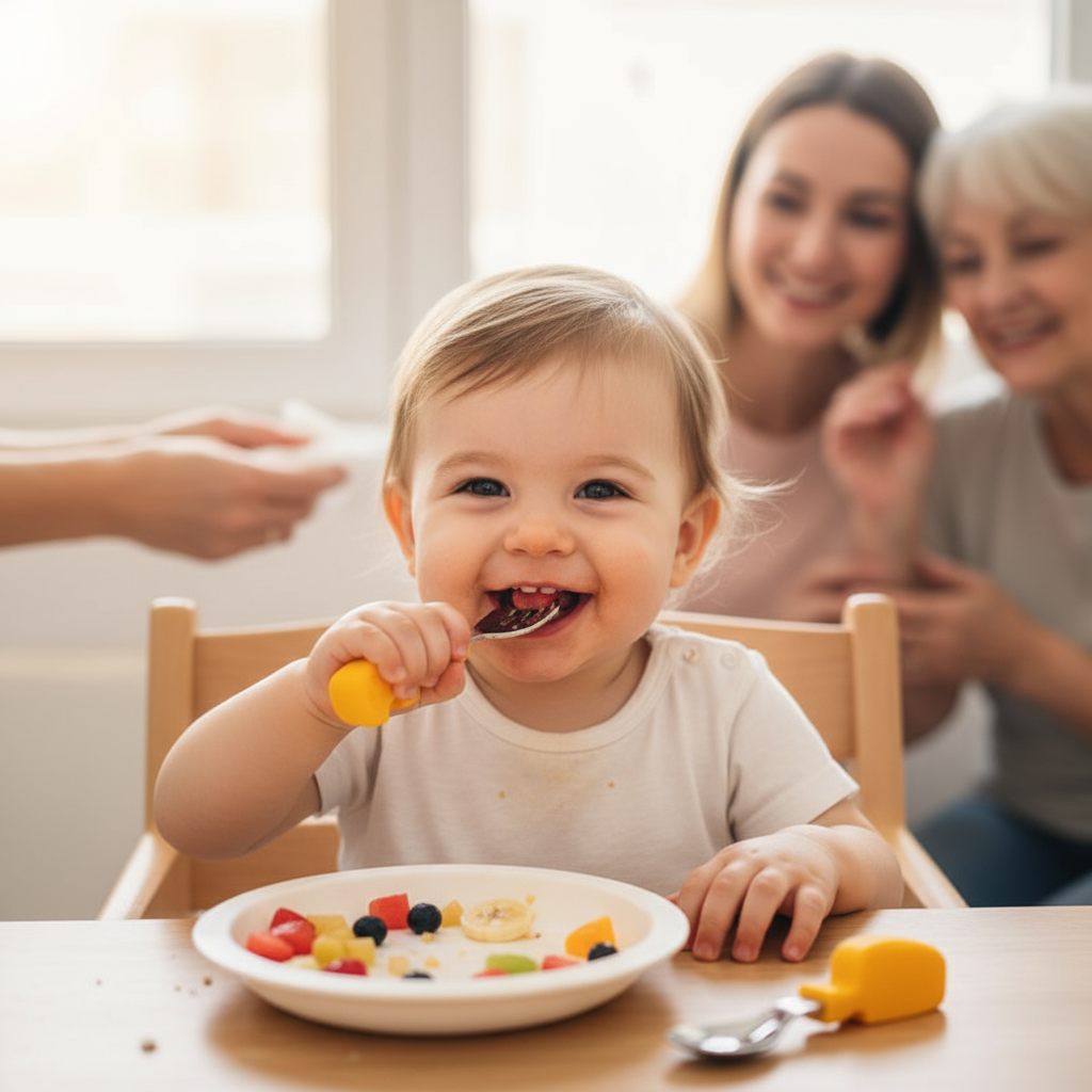 Bambino felice con posate elefantino