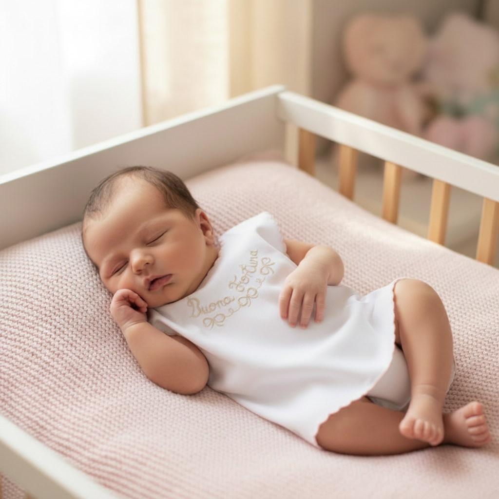 Little Bird - Camicina della Fortuna Neonato Bianco Scritta Beige - 100% Cotone Anallergico - Personalizzato