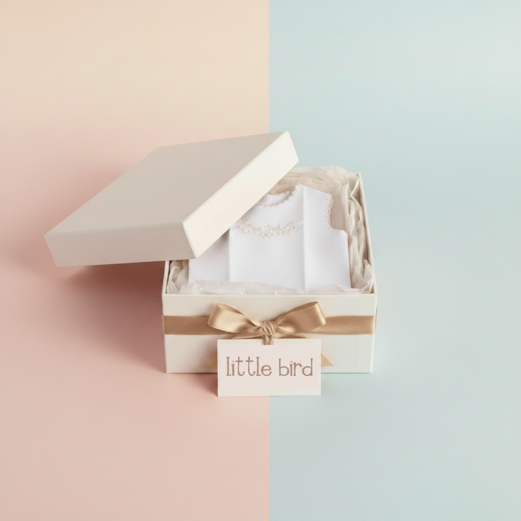 Camicino Bianco Scritta Beige nella confezione