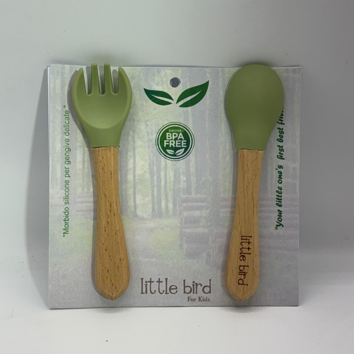 Set Posate Svezzamento Little Bird Olive - Cucchiaio e Forchetta con Manico in Legno e Testa in Silicone BPA Free